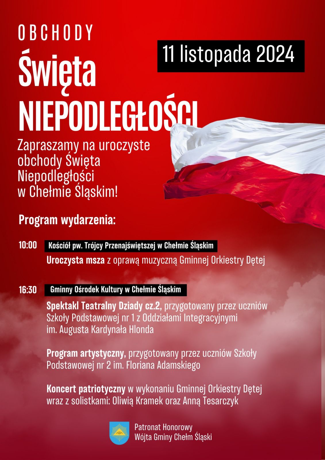 Plakat informacyjny o obchodach Narodowego Święta Niepodległości w Chełmie Śląskim